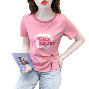 TR20247# 夏季新款韩版拼色圆领字母印花T恤个性百搭收腰显瘦上衣 服装批发女装服饰货源