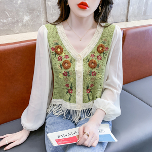 RM5186#花朵刺绣v领镂空针织衫女春装法式设计感流苏开衫上衣女显瘦修身