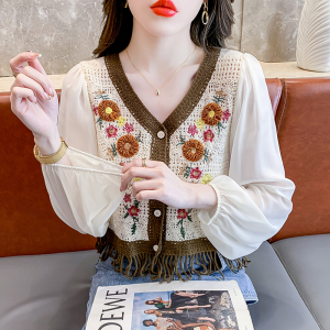 RM5186#花朵刺绣v领镂空针织衫女春装法式设计感流苏开衫上衣女显瘦修身