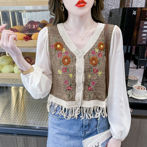 RM5186#花朵刺绣v领镂空针织衫女春装法式设计感流苏开衫上衣女显瘦修身