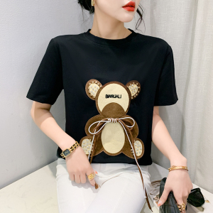RM4286#夏季时尚小熊短袖T恤设计感钉珠绑绳贴布刺绣百搭减龄上衣