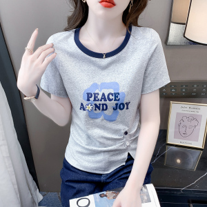 TR20247# 夏季新款韩版拼色圆领字母印花T恤个性百搭收腰显瘦上衣 服装批发女装服饰货源