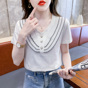 RM5187#时尚气质减龄百搭洋气v领蕾丝套头小衫短袖显瘦修身上衣简约