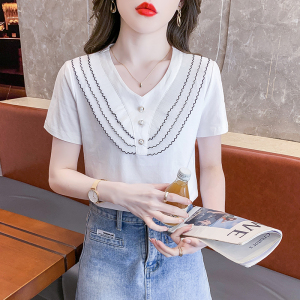 RM5187#时尚气质减龄百搭洋气v领蕾丝套头小衫短袖显瘦修身上衣简约