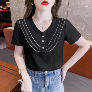 RM5187#时尚气质减龄百搭洋气v领蕾丝套头小衫短袖显瘦修身上衣简约