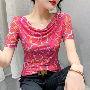 RM16065#夏季新款时尚网纱印花T恤一字肩减龄显瘦百搭上衣小衫