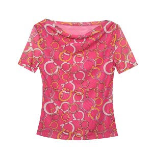 RM16065#夏季新款时尚网纱印花T恤一字肩减龄显瘦百搭上衣小衫
