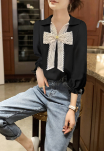 TR20076# 黑色v领衬衫女蝴蝶结洋气独特小个子休闲减龄春装新款欧货 服装批发女装服饰货源