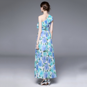 TR37410# 新款夏季海边度假单肩荷叶边印花连衣裙子 服装批发女装批发服饰货源