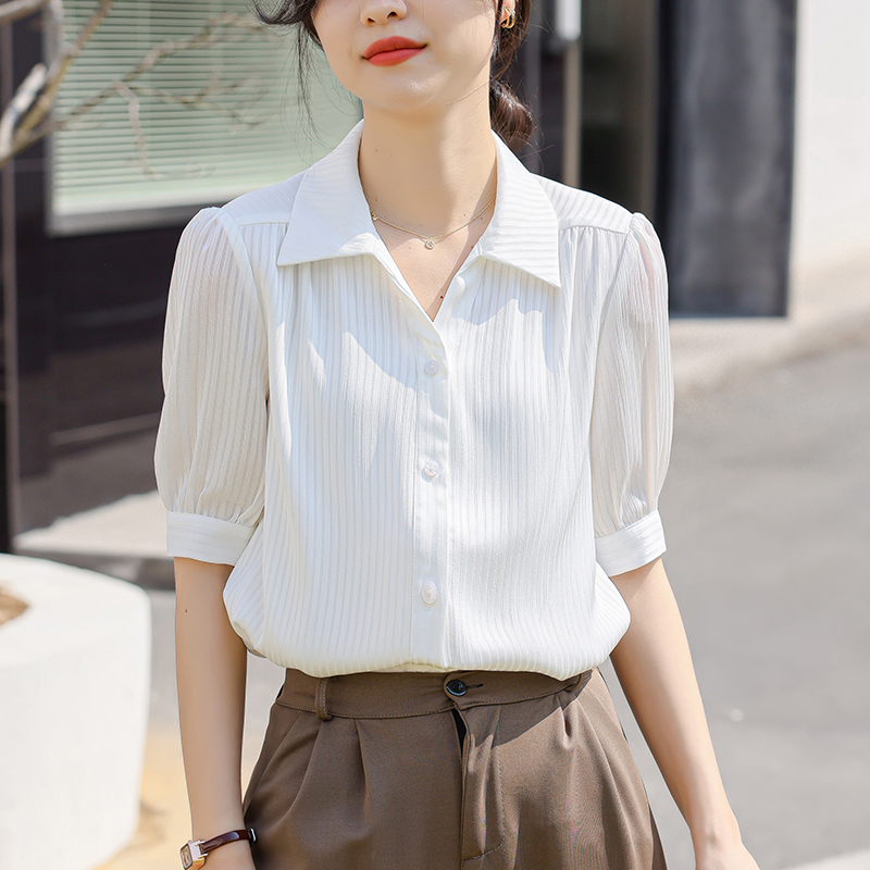 2026夏季新款垂感白色中袖襯衫女輕薄修身顯瘦OL別致女上衣短袖