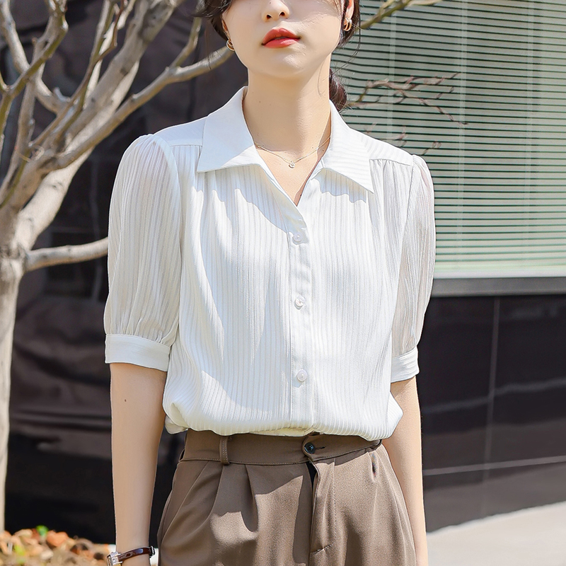 2026夏季新款垂感白色中袖襯衫女輕薄修身顯瘦OL別致女上衣短袖