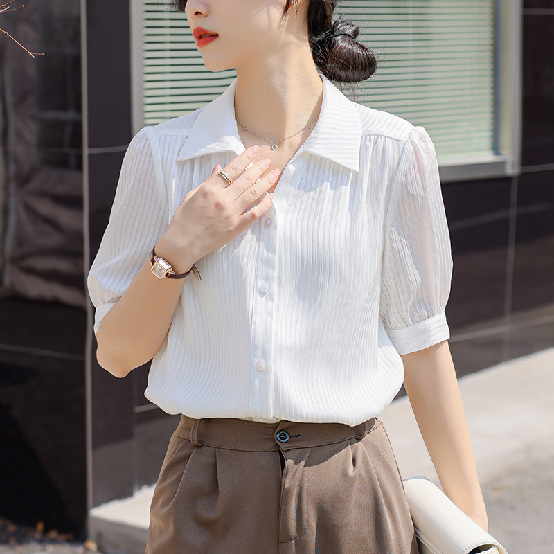 2026夏季新款垂感白色中袖襯衫女輕薄修身顯瘦OL別致女上衣短袖
