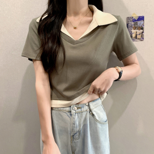 RM3803#夏季新款韩版拼色polo领百搭显瘦上衣设计感短袖t恤女