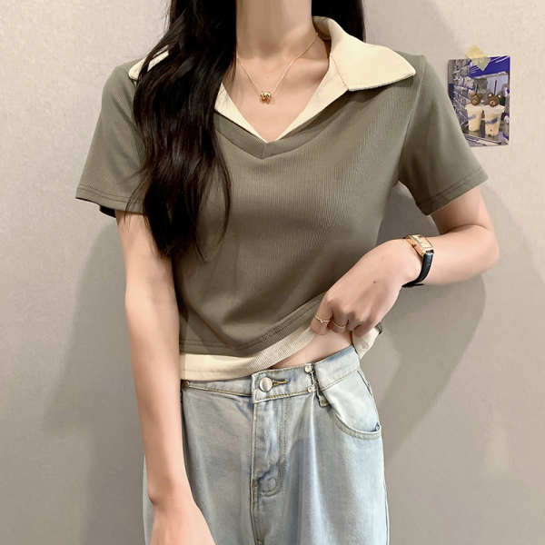 RM3803#夏季新款韩版拼色polo领百搭显瘦上衣设计感短袖t恤女