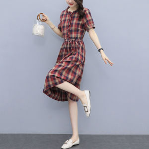 RM14024#格子棉麻连衣裙2023夏天新款气质收腰短袖裙子大码中长款时尚休闲