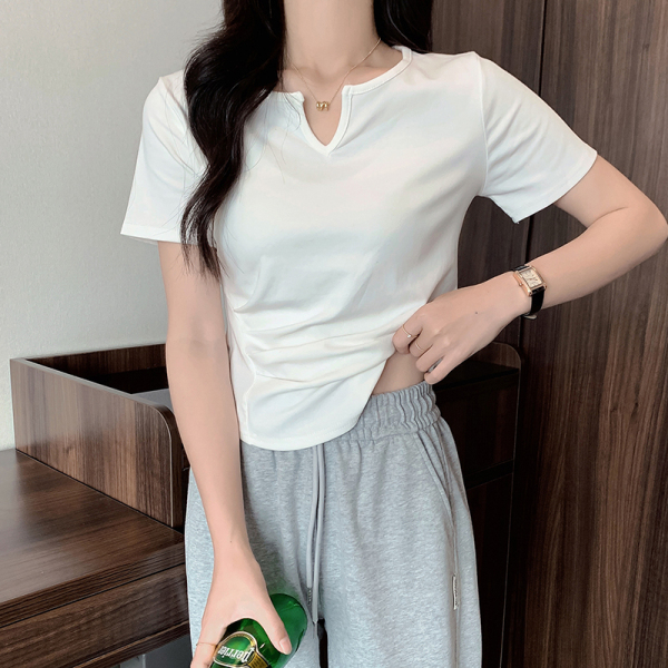 RM3804#夏季新款韩版V领设计感褶皱显瘦百搭短袖T恤上衣女潮