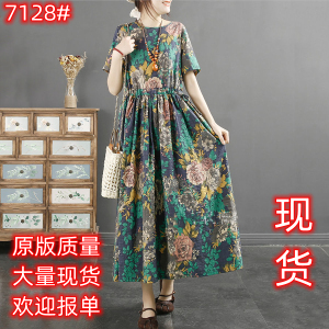 RM14028#夏季新款棉麻复古印花连衣裙女收腰显瘦圆领长裙民族风碎花裙