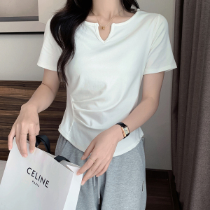 RM3804#夏季新款韩版V领设计感褶皱显瘦百搭短袖T恤上衣女潮