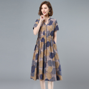 RM14025#新款夏装棉麻风印花连衣裙女韩版30岁40中年妈妈气质裙子洋气