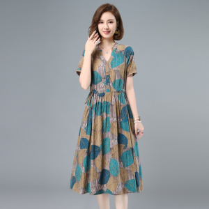 RM14025#新款夏装棉麻风印花连衣裙女韩版30岁40中年妈妈气质裙子洋气