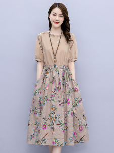 RM12495#夏季新款印花拼接棉麻连衣裙夏天中长款休闲气质收腰女装裙子