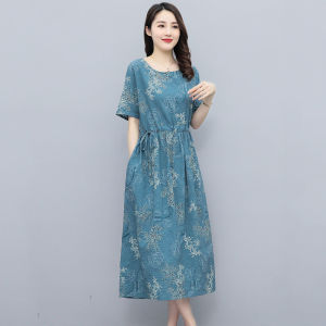 RM12496#夏季棉麻连衣裙女新款收腰时尚印花休闲气质短袖中长款裙子