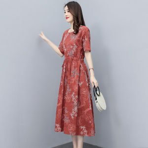 RM12496#夏季棉麻连衣裙女新款收腰时尚印花休闲气质短袖中长款裙子