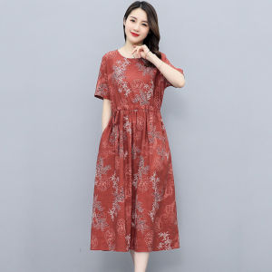 RM12496#夏季棉麻连衣裙女新款收腰时尚印花休闲气质短袖中长款裙子