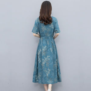 RM12496#夏季棉麻连衣裙女新款收腰时尚印花休闲气质短袖中长款裙子