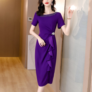 RM5110#裙子女设计感小众夏装新款轻熟风斜领气质钉珠荷叶边包臀裙