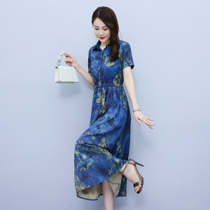 RM5471#夏季新款重磅花罗提花真丝香云纱印花复古连衣裙女