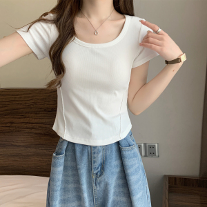 RM5294#白色圆领鱼骨线短袖t恤女2023夏季内搭纯色纯欲修身短款简约上衣