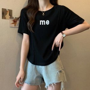 RM4515#大码女装 韩版夏季新款休闲百搭宽松简约字母短袖圆领t恤上衣