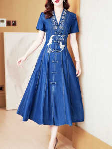 RM5064#夏季新款高端重工刺绣V领旗袍改良版牛仔连衣裙女收腰长裙