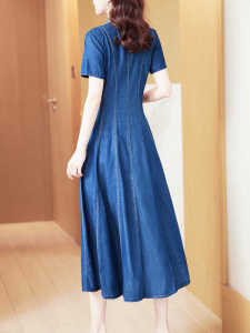 RM5064#夏季新款高端重工刺绣V领旗袍改良版牛仔连衣裙女收腰长裙