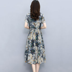 RM12497#夏季棉麻连衣裙女新款收腰时尚印花休闲气质短袖中长款裙子