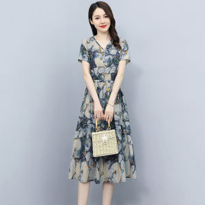 RM12497#夏季棉麻连衣裙女新款收腰时尚印花休闲气质短袖中长款裙子