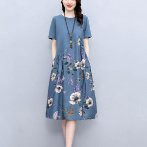 RM12498#夏季新款棉麻大码短袖连衣裙宽松时尚高级设计感圆领印花裙子