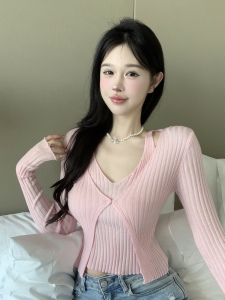 RM3855#修身显瘦韩版假两件针织衫短款纯欲长袖T恤女