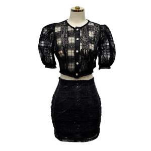 RM3952#新款时尚圆领泡泡袖纽扣上衣 高腰半身包臀裙两件套