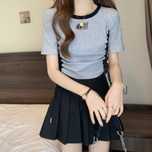 RM3845#夏季新款韩版学院风撞色抽绳短款高腰短袖T恤女上衣