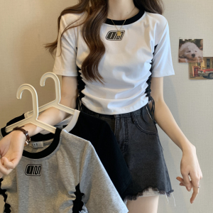 RM3845#夏季新款韩版学院风撞色抽绳短款高腰短袖T恤女上衣