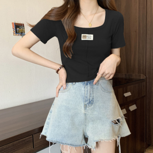 RM3846#夏季新款简约百搭方领短款纯棉T恤女上衣修身短袖女