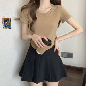 RM3848#夏季小清新圆领小心机短款显瘦纯色纯棉短袖T恤女上衣
