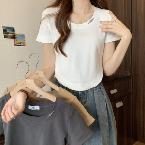 RM3848#夏季小清新圆领小心机短款显瘦纯色纯棉短袖T恤女上衣