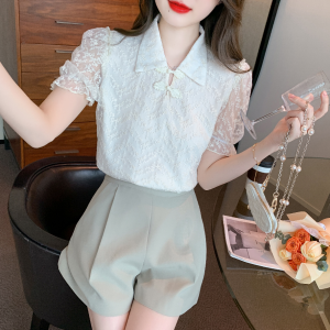 RM5234#夏季新款新中式盘扣蕾丝上衣雪纺衫衬衫洋气短袖小衫女