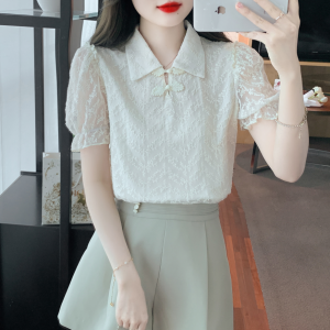 RM5234#夏季新款新中式盘扣蕾丝上衣雪纺衫衬衫洋气短袖小衫女