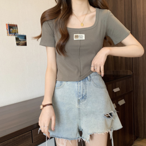 RM3846#夏季新款简约百搭方领短款纯棉T恤女上衣修身短袖女