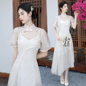 RM4650#新中式改良旗袍吊带连衣裙水晶流苏气质修身夏季新款日常连衣裙子