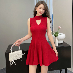 TR16681# 韩版女装气质修身显瘦心机镂空半高领针织裙 服装批发女装直播货源
